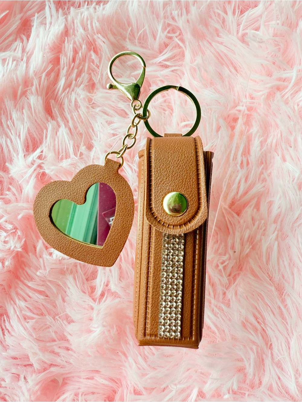 Brown Rhinestone Lipstick Holder Keychain with Heart Mirror